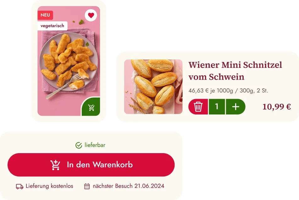 Produkt- und Warenkorbansicht der Eismann App mit klar strukturiertem Bestellprozess und prominentem ‚In den Warenkorb'-Button für eine reibungslose Bestellung.