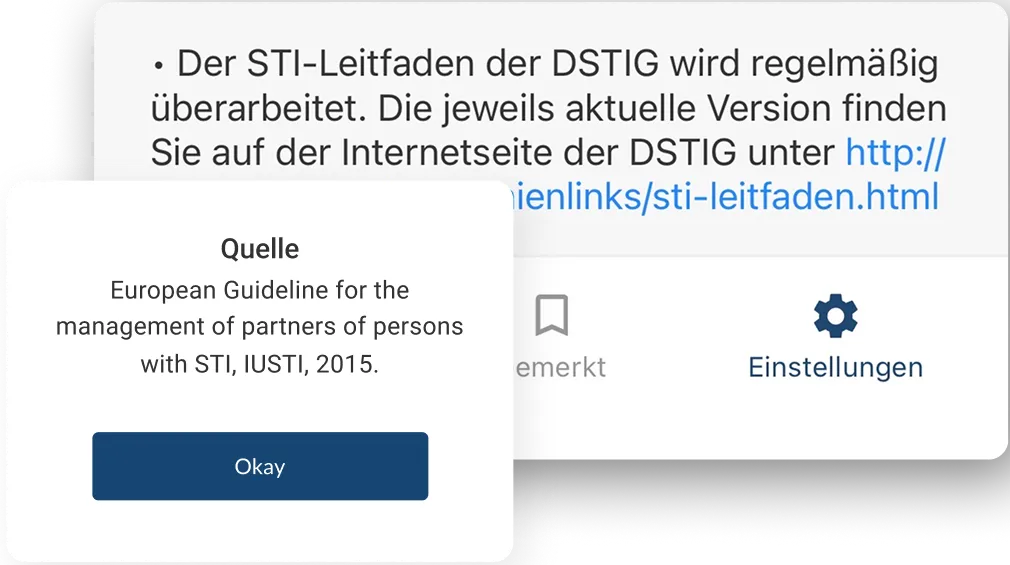 Informationskarte in der DSTIG-App mit aktueller Quellenreferenz zu STI-Leitlinien, die die kontinuierliche Pflege und Aktualisierung der Inhalte zeigt.