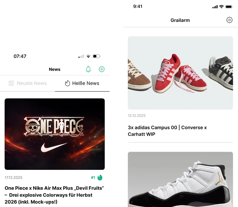 Übersicht aus Grailify-News und Grail-Alarm-Artikeln mit redaktionell aufbereiteten Informationen zu aktuellen und kommenden Sneaker-Drops.