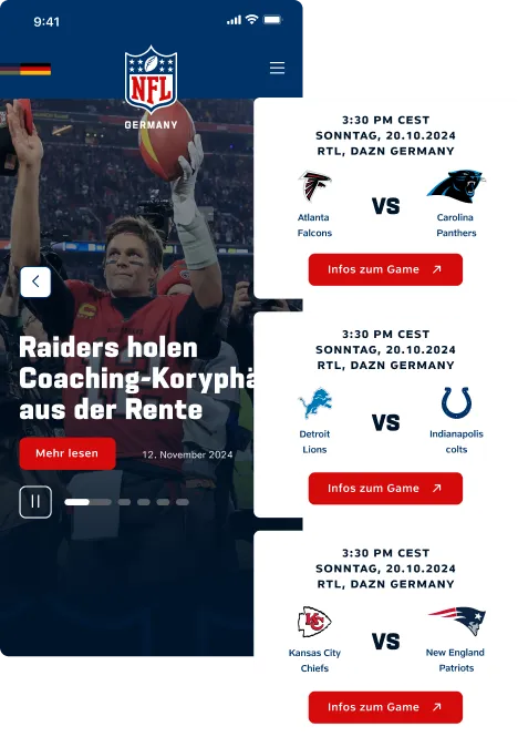 Smartphone-Ansicht der NFL-Germany-Plattform mit übersichtlicher Navigation, News und Spielterminen