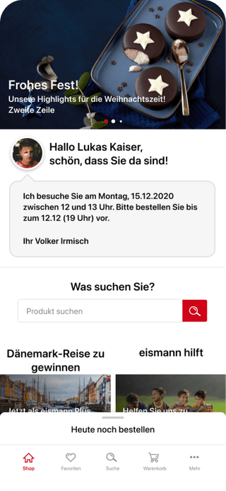 Eine Darstellung der Eismann App visualisiert den personalisiertem Service und Optionen zur Bestellung und Kundenbetreuung.