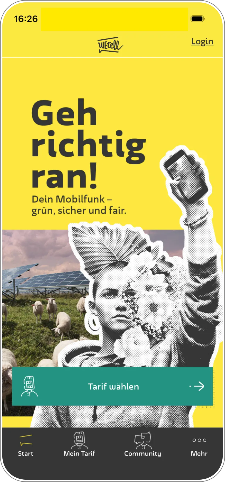 Wetell App Startscreen mit Claim und Button‚ Tarif wählen'