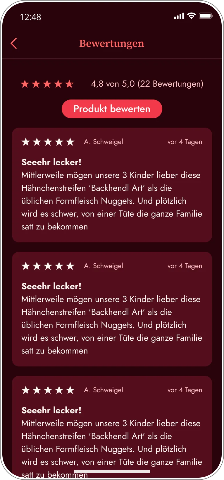 Bewertungsübersicht mit Kundenrezensionen in der Eismann App.