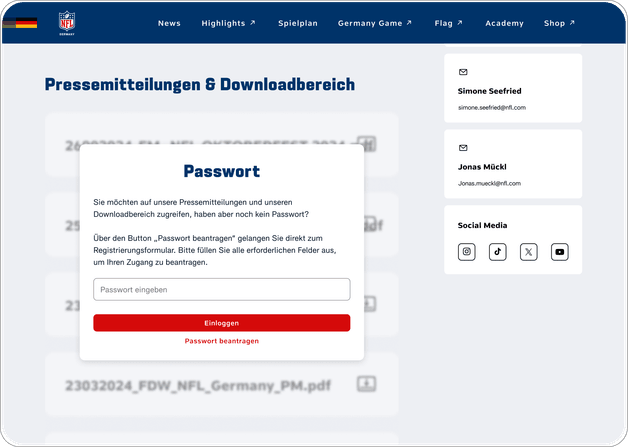 Pressebereich der NFL-Germany-Plattform mit Downloadbereich und passwortgeschütztem Zugang